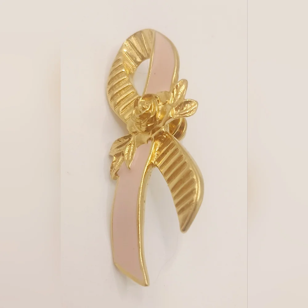 VINTAGE AVON BREAST CANCER AWARENESS GOLD ROSE PINK RIBBON TACK PIN PREOWNED 2